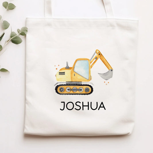 Stofftasche Bagger Baustelle Personalisiert mit Namen. Für Schule und Kindergarten als Wäschebeutel Wechselwäsche für Mädchen & Junge  kleinebuchstaben