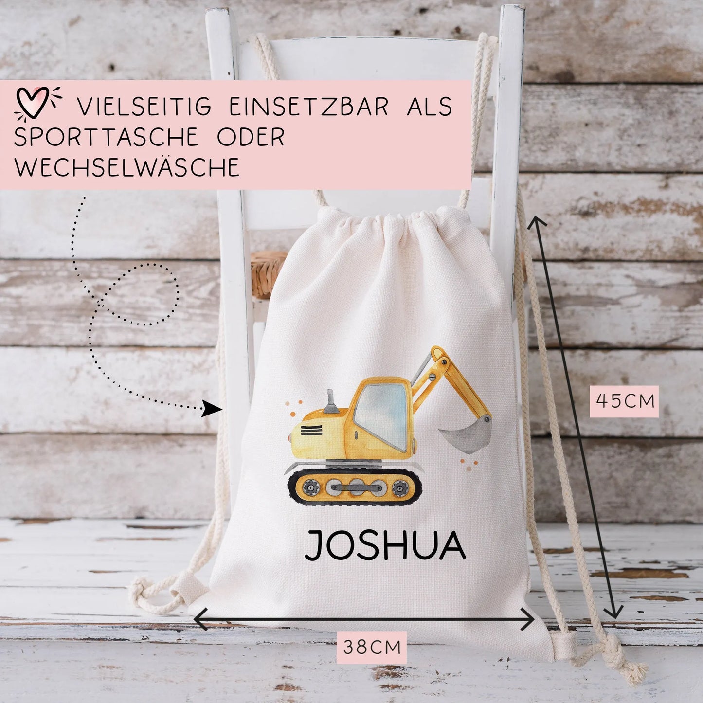 Stofftasche Bagger Baustelle Personalisiert mit Namen. Für Schule und Kindergarten als Wäschebeutel Wechselwäsche für Mädchen & Junge kleinebuchstaben