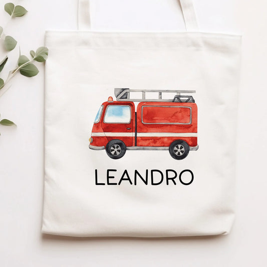 Stofftasche Feuerwehrauto Personalisiert mit Namen. Feuerwehr für Schule und Kindergarten als Wäschebeutel Wechselwäsche für Mädchen & Junge  kleinebuchstaben