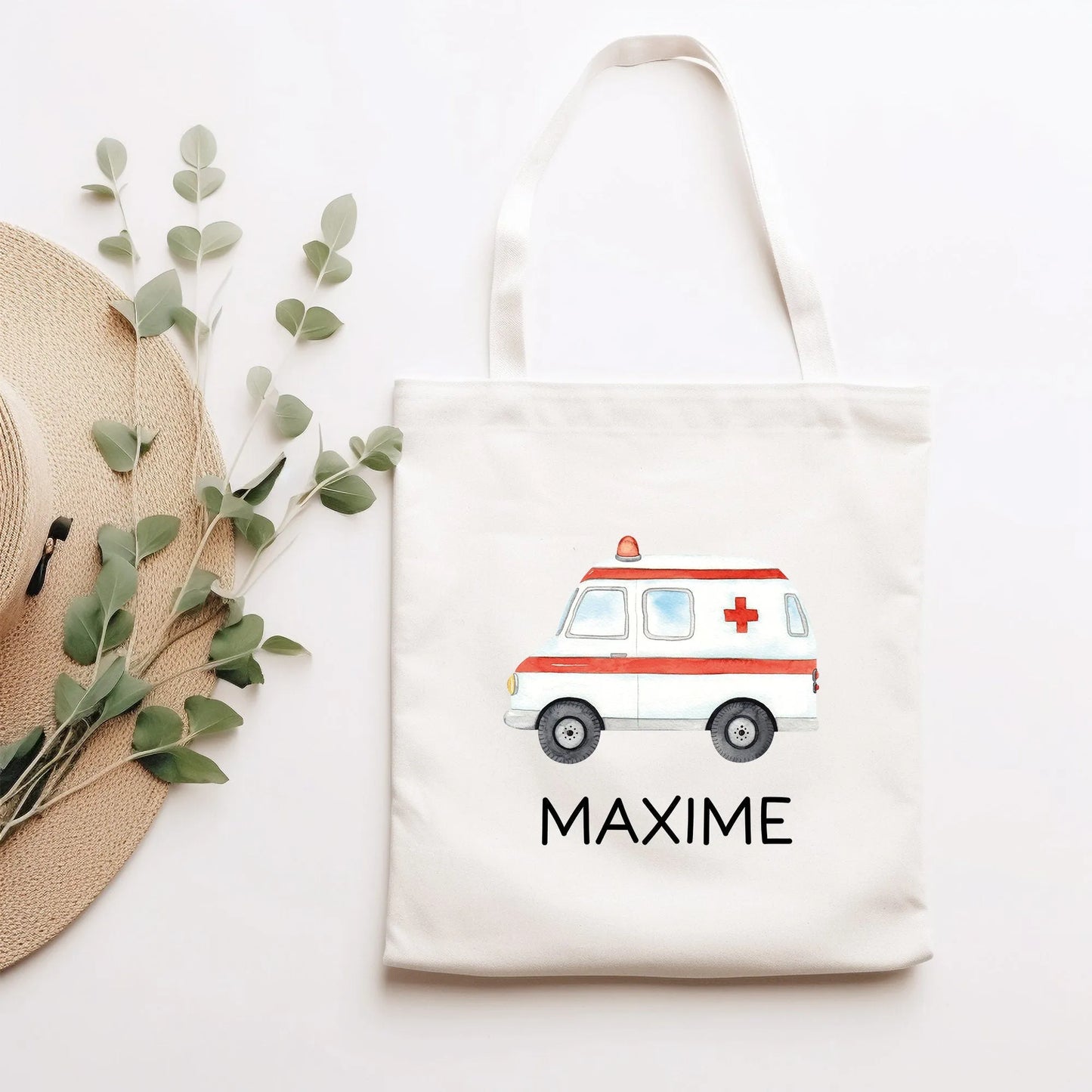 Krankenwagen Stofftasche Personalisiert mit Namen. Rettungswagen für Schule und Kindergarten - Wäschebeutel Wechselwäsche | Mädchen & Junge kleinebuchstaben Krankenwagen Stofftasche