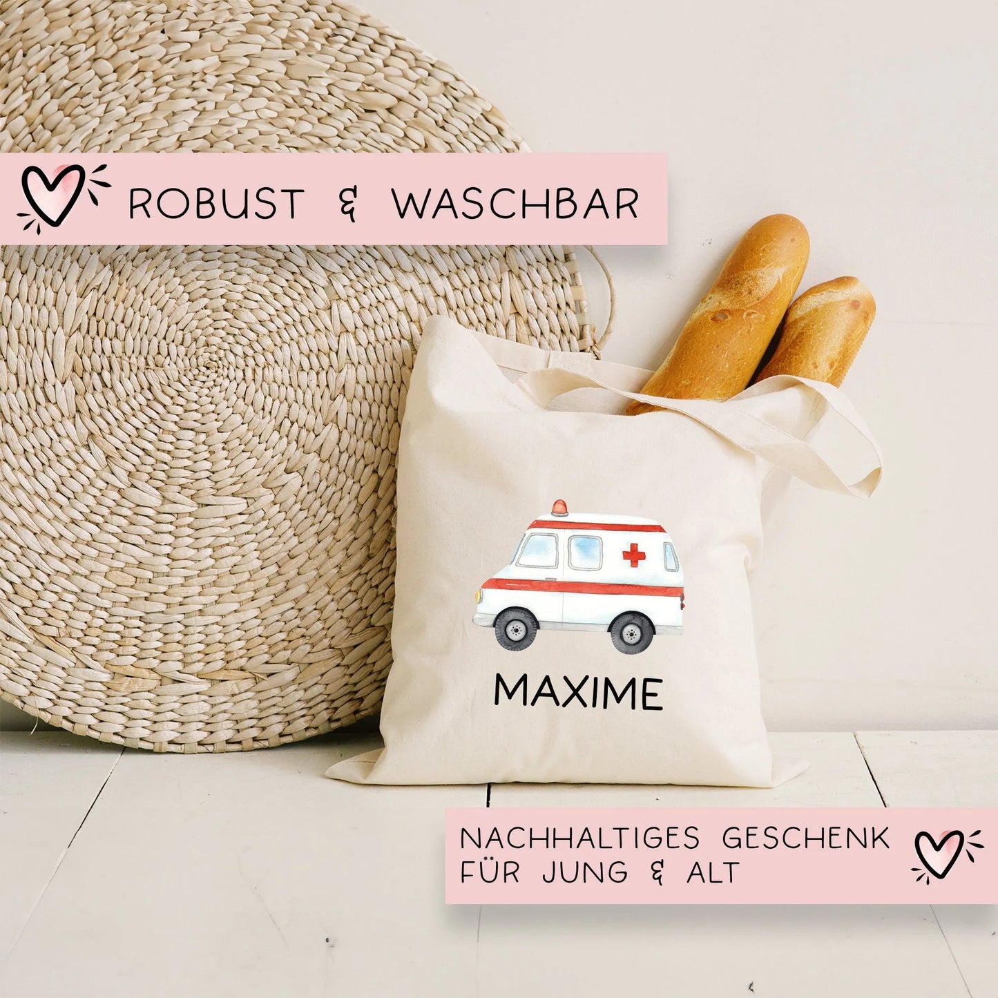 Krankenwagen Stofftasche Personalisiert mit Namen. Rettungswagen für Schule und Kindergarten - Wäschebeutel Wechselwäsche | Mädchen & Junge kleinebuchstaben