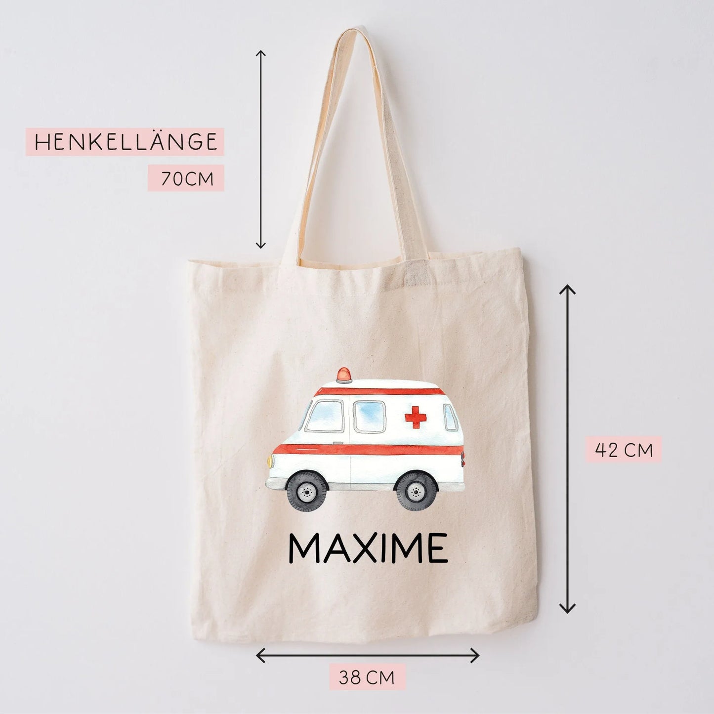Krankenwagen Stofftasche Personalisiert mit Namen. Rettungswagen für Schule und Kindergarten - Wäschebeutel Wechselwäsche | Mädchen & Junge kleinebuchstaben
