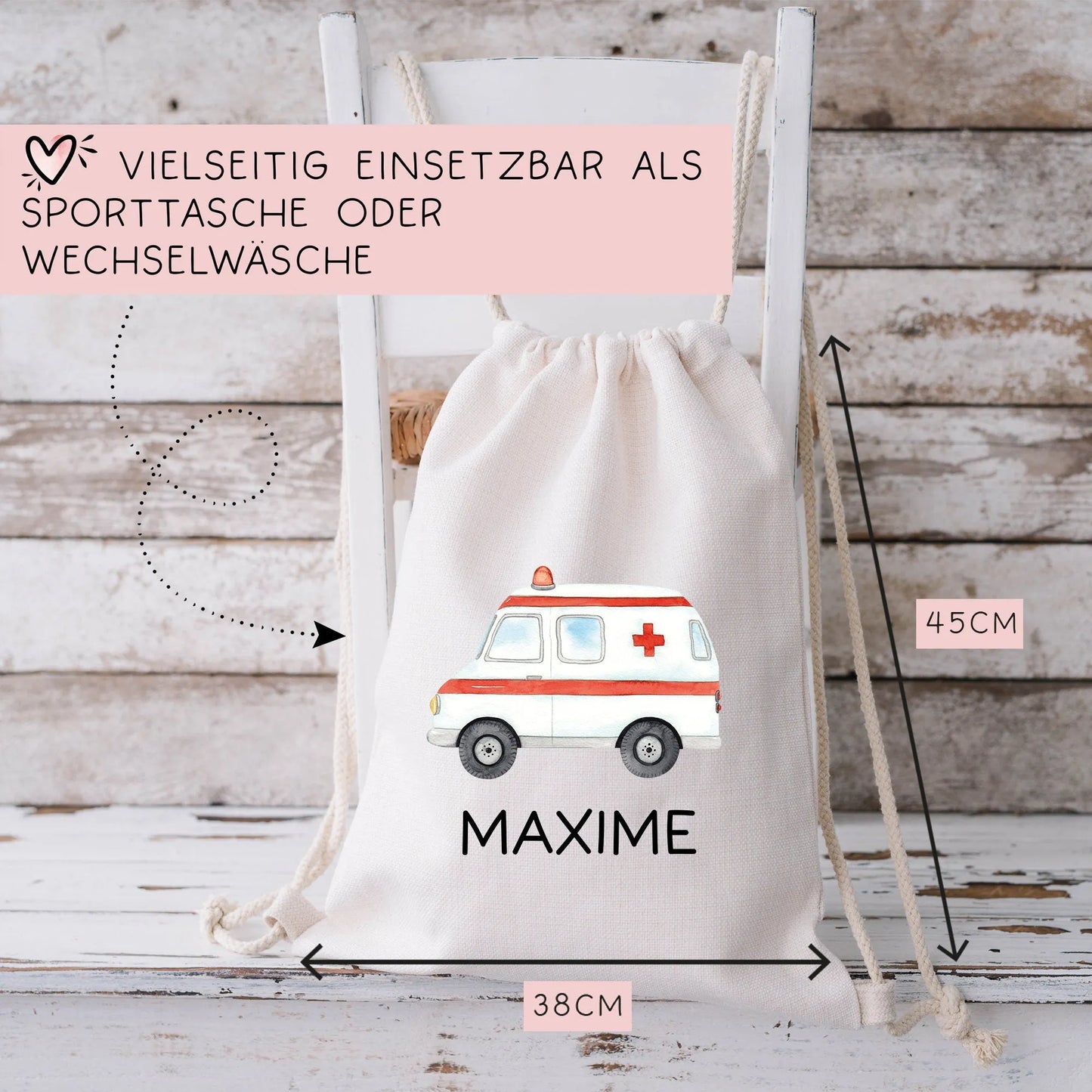 Krankenwagen Stofftasche Personalisiert mit Namen. Rettungswagen für Schule und Kindergarten - Wäschebeutel Wechselwäsche | Mädchen & Junge kleinebuchstaben