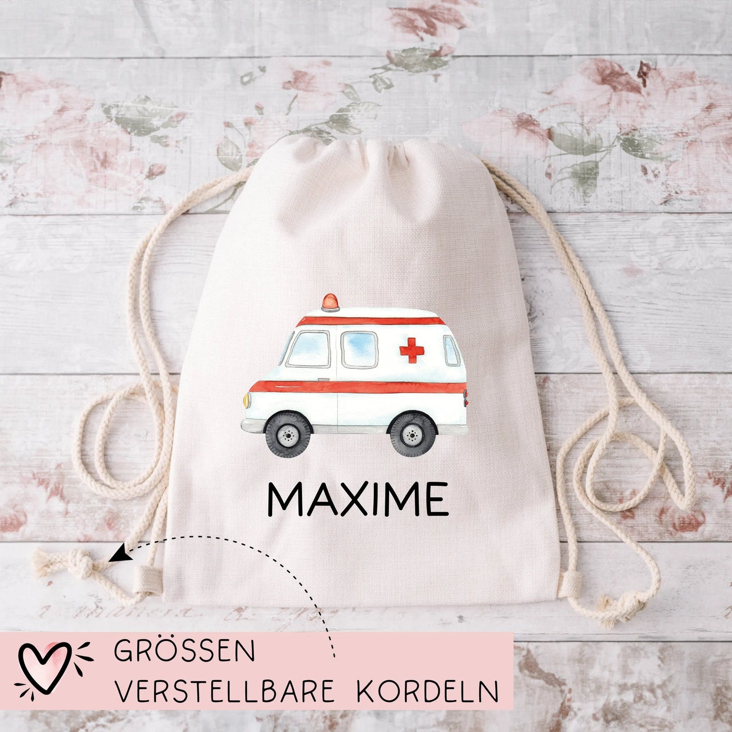 Krankenwagen Stofftasche Personalisiert mit Namen. Rettungswagen für Schule und Kindergarten - Wäschebeutel Wechselwäsche | Mädchen & Junge kleinebuchstaben