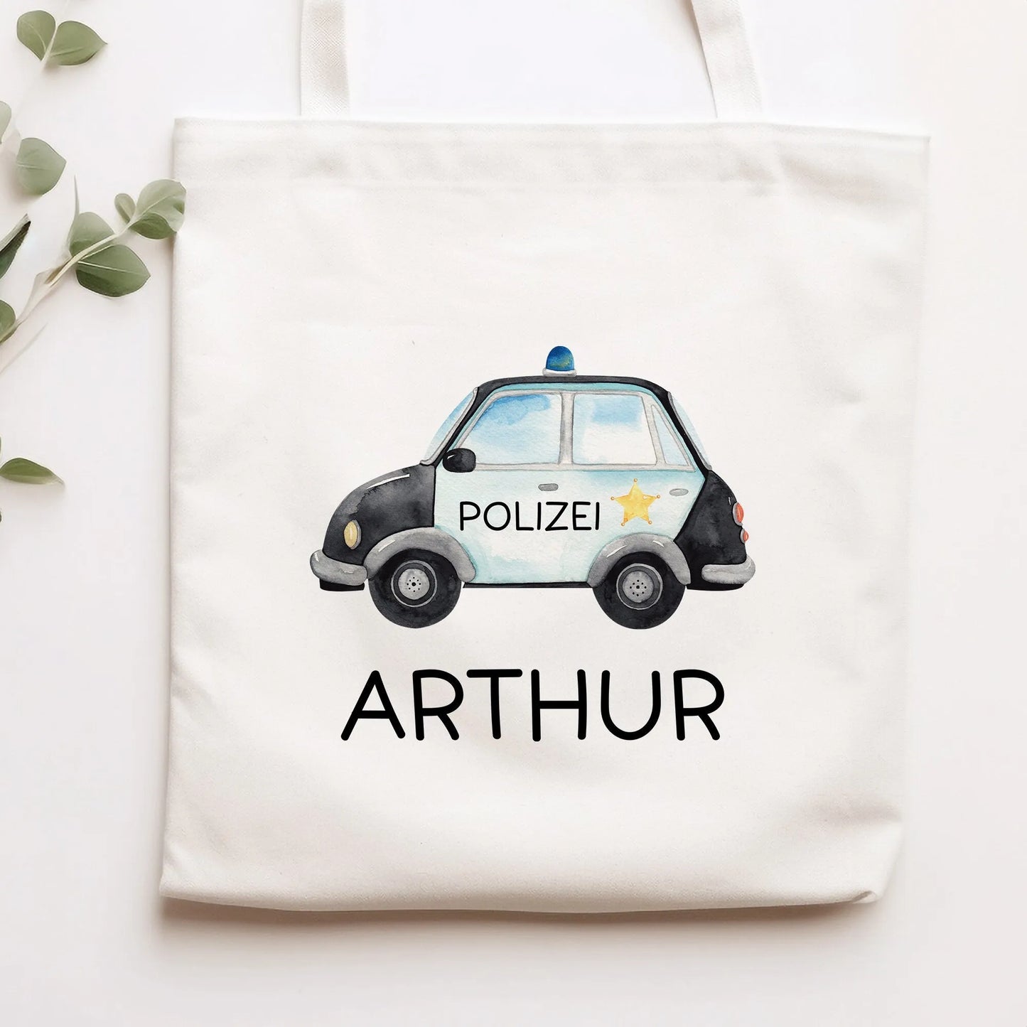 Polizeiauto Streifenwagen Stofftasche Personalisiert mit Namen. Polizeifahrzeug für Schule | Wäschebeutel Wechselwäsche | Mädchen & Junge kleinebuchstaben