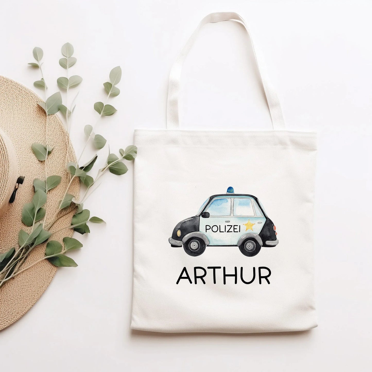 Polizeiauto Streifenwagen Stofftasche Personalisiert mit Namen. Polizeifahrzeug für Schule | Wäschebeutel Wechselwäsche | Mädchen & Junge kleinebuchstaben Polizeiwagen Stofftasche