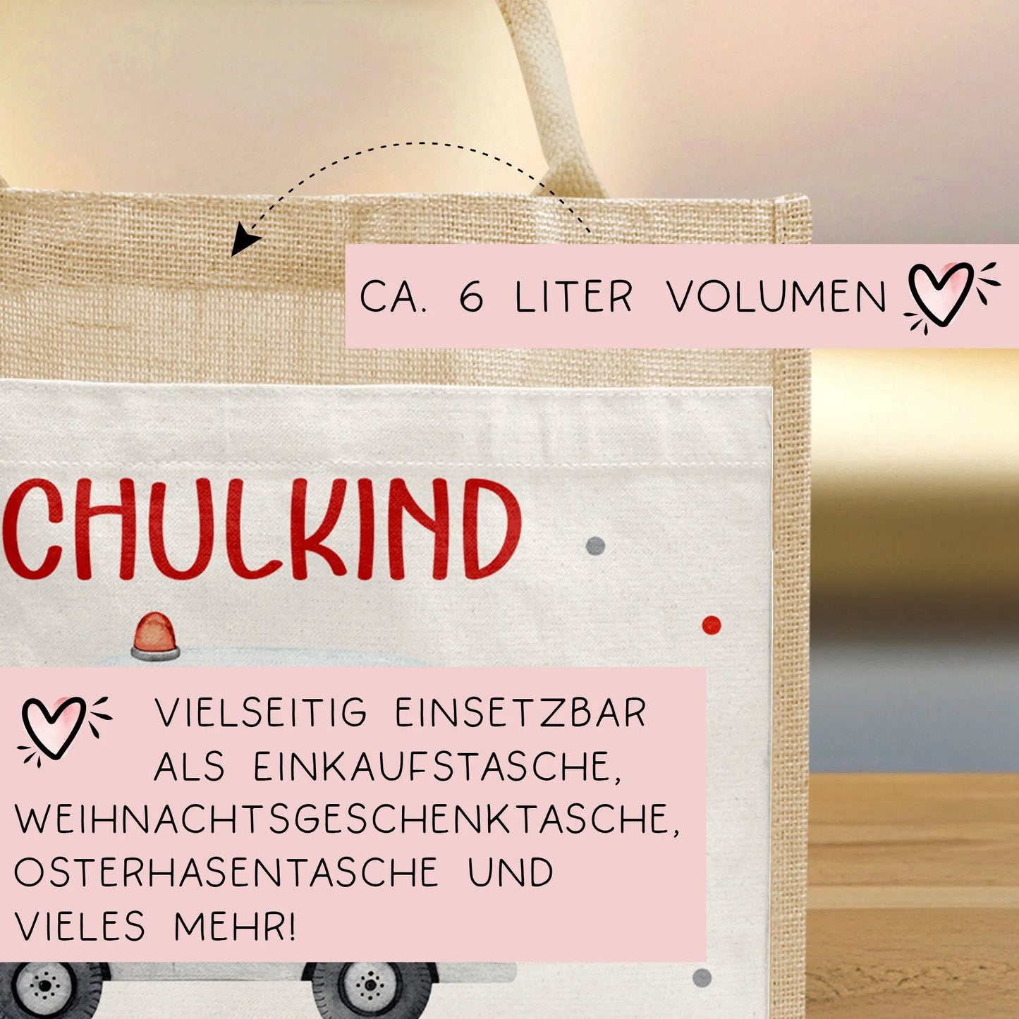 Krankenwagen Schulkind Tasche Wunschnamen 2024 | 100% Jute | RTW Rettungsfahrzeug | Geschenk Einschulung | Schultüte personalisiert | Schule kleinebuchstaben