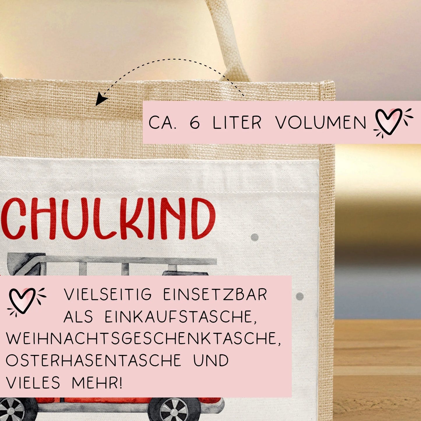 Feuerwehrauto Schulkind Tasche Wunschnamen 2024 | 100% Jute | Löschzug Brandwache | Geschenk Einschulung | Schultüte personalisiert | Schule kleinebuchstaben
