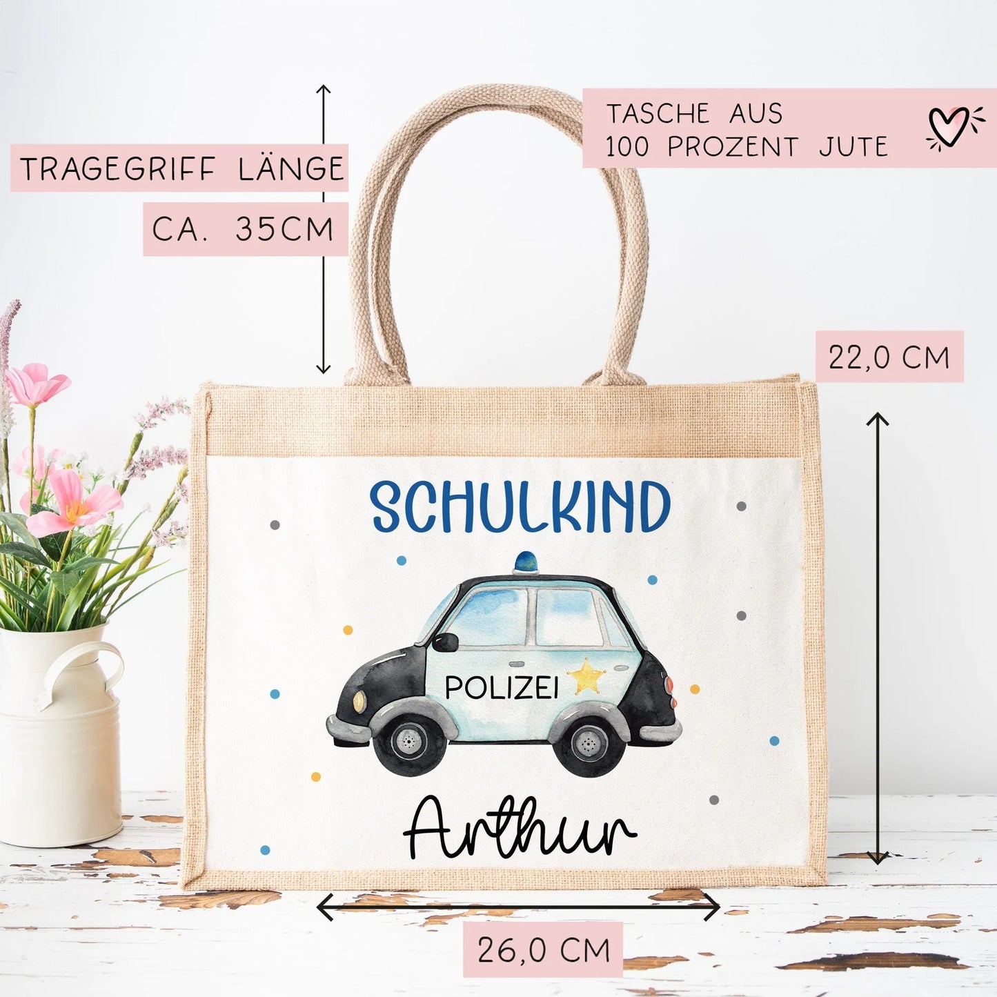 Polizeiwagen Schulkind Tasche Wunschnamen | 100% Jute | Streifenwagen Polizei | Geschenk Einschulung | Schultüte personalisiert | Schule kleinebuchstaben