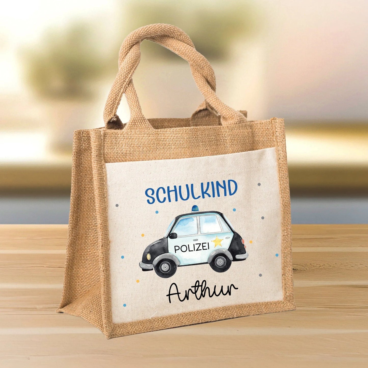 Polizeiwagen Schulkind Tasche Wunschnamen | 100% Jute | Streifenwagen Polizei | Geschenk Einschulung | Schultüte personalisiert | Schule kleinebuchstaben