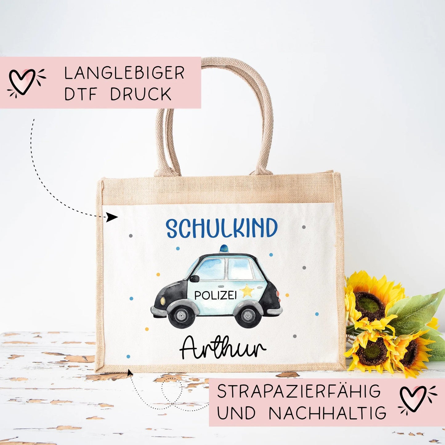 Polizeiwagen Schulkind Tasche Wunschnamen | 100% Jute | Streifenwagen Polizei | Geschenk Einschulung | Schultüte personalisiert | Schule kleinebuchstaben