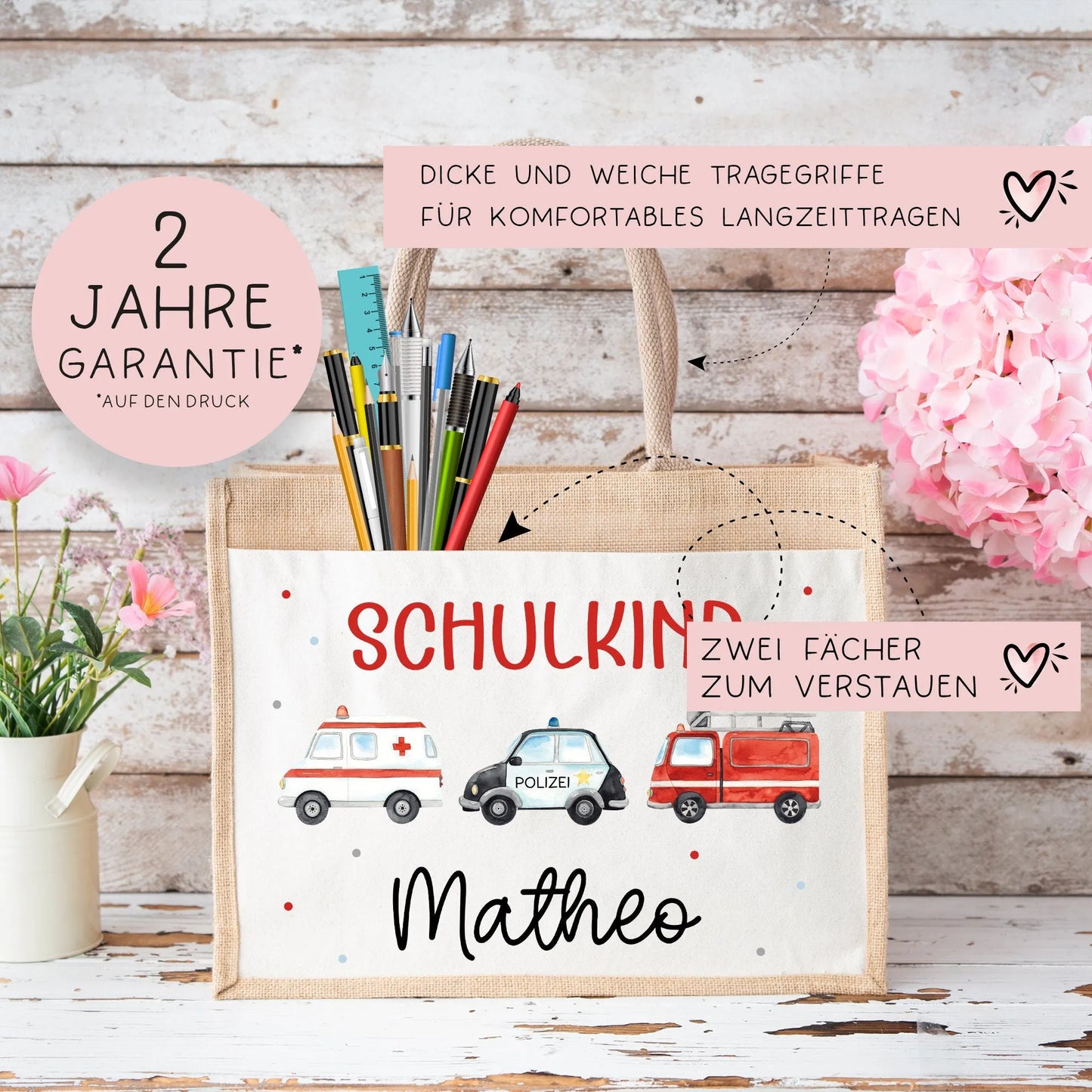 RTW Polizeiwagen Feuerwehr Krankenwagen Schulkind Tasche Wunschnamen | 100% Jute | Geschenk Einschulung | Schultüte personalisiert | Schule kleinebuchstaben