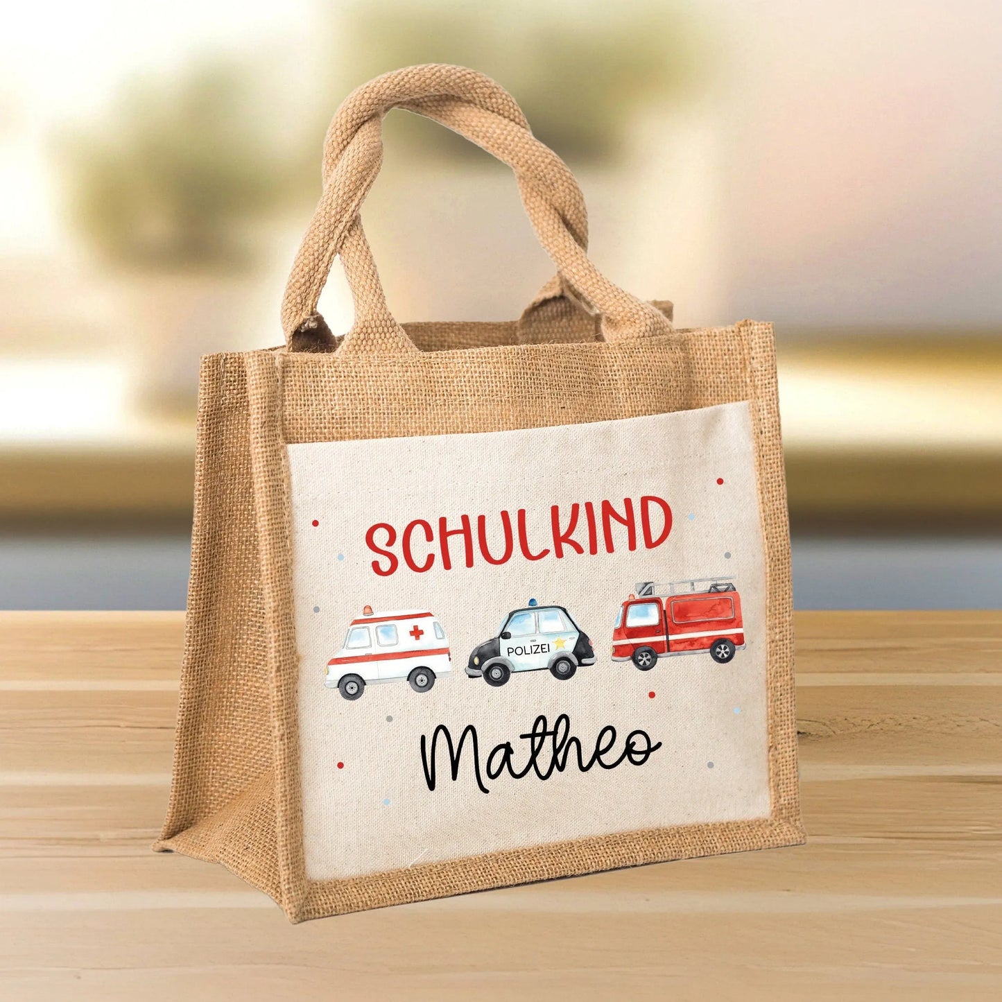 RTW Polizeiwagen Feuerwehr Krankenwagen Schulkind Tasche Wunschnamen | 100% Jute | Geschenk Einschulung | Schultüte personalisiert | Schule kleinebuchstaben