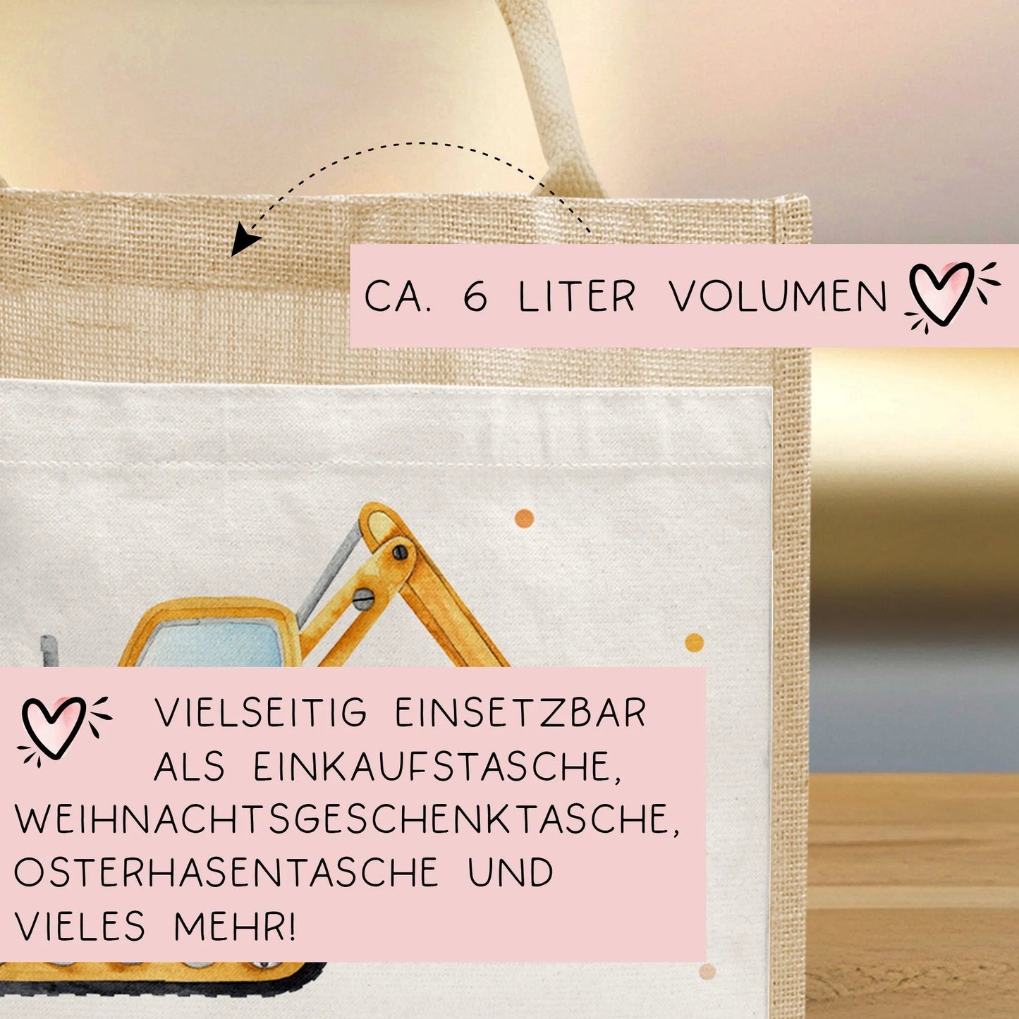 Schaufelbagger Pocket Tasche Wunschnamen | 100% Jute | Bagger Baustelle | Geschenk Einschulung | Schultüte personalisiert oder Weihnachten kleinebuchstaben