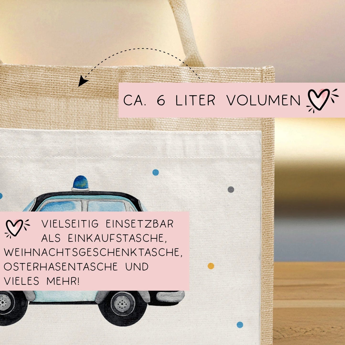 Polizeiwagen mit Wunschnamen Tasche | 100% Jute | Streifenfahrzeug Streifenwagen | Geschenk zum Geburtstag, Nikolaus, Weihnachten Ostern kleinebuchstaben