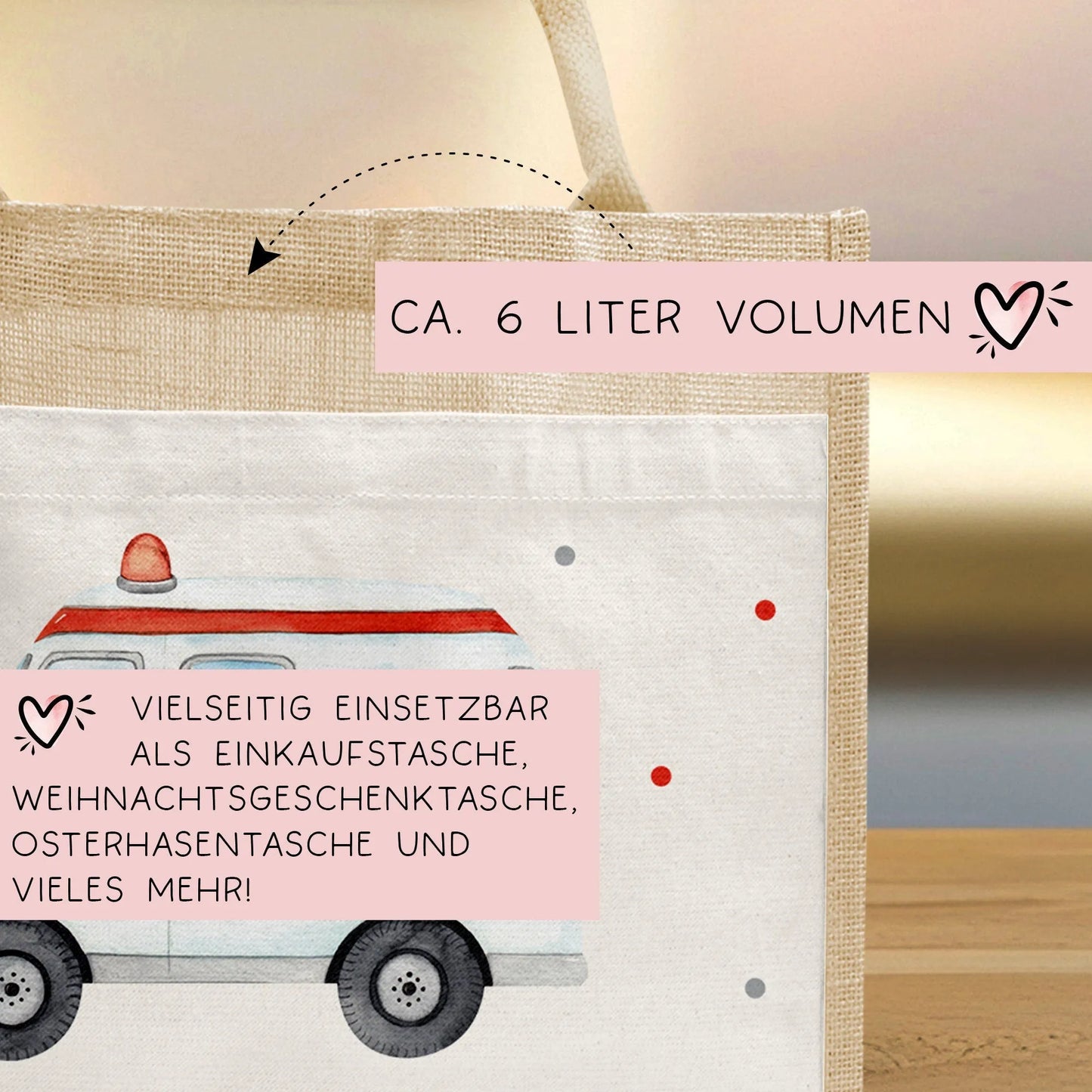 RTW Krankenwagen Tasche Wunschnamen | aus 100% Jute | Rettungsfahrzeug | Geschenk Geschenk zum Geburtstag, Nikolaus, Weihnachten oder Ostern kleinebuchstaben
