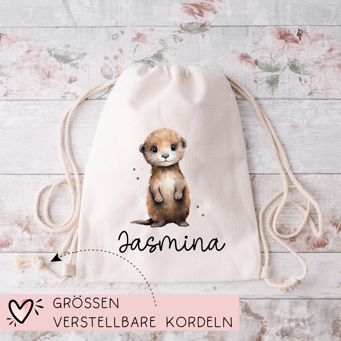 Personalisierter Turnbeutel Otter Wunschnamen | Rucksack für Schule, Kindergarten, KITA , KIGA | als Wäschebeutel, Sportbeutel l Weihnachten kleinebuchstaben