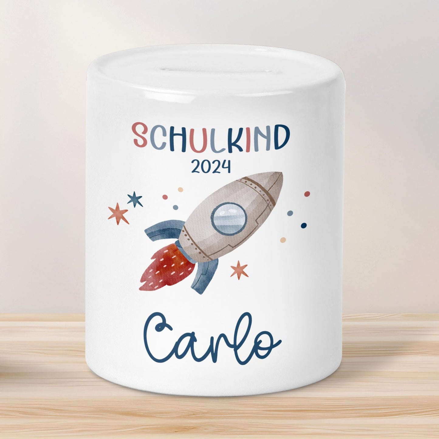 Schulkind 2024 Spardose für Kinder Personalisiert Rakete Weltraum mit Namen - Blau - Geschenk für Junge & Mädchen zur Einschulung kleinebuchstaben Spardose 2024