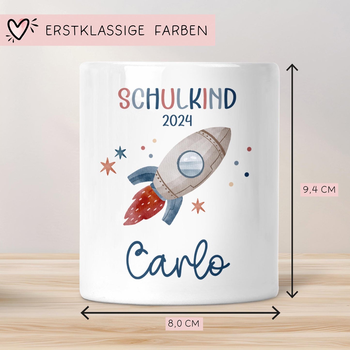 Schulkind 2024 Spardose für Kinder Personalisiert Rakete Weltraum mit Namen - Blau - Geschenk für Junge & Mädchen zur Einschulung kleinebuchstaben