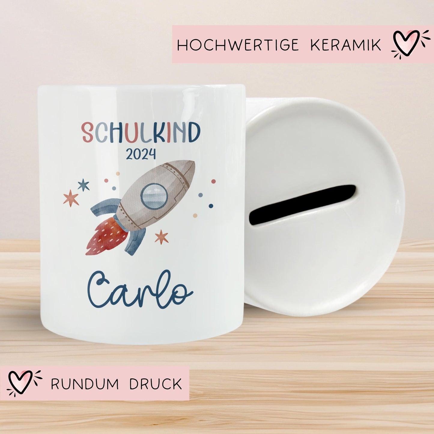 Schulkind 2024 Spardose für Kinder Personalisiert Rakete Weltraum mit Namen - Blau - Geschenk für Junge & Mädchen zur Einschulung kleinebuchstaben