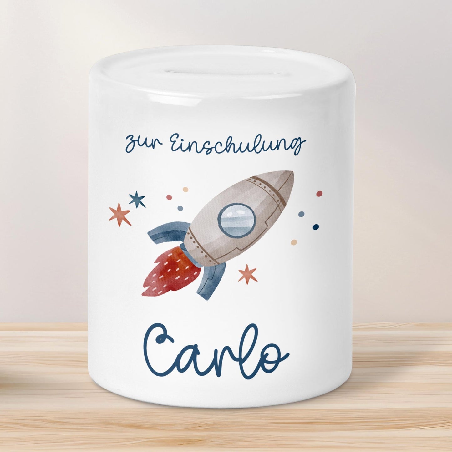 Einschulung Spardose Rakete für Kinder - Personalisiert Rakete Weltraum und Namen - Geschenk für Junge & Mädchen zur Einschulung Schule kleinebuchstaben Spardose 2024