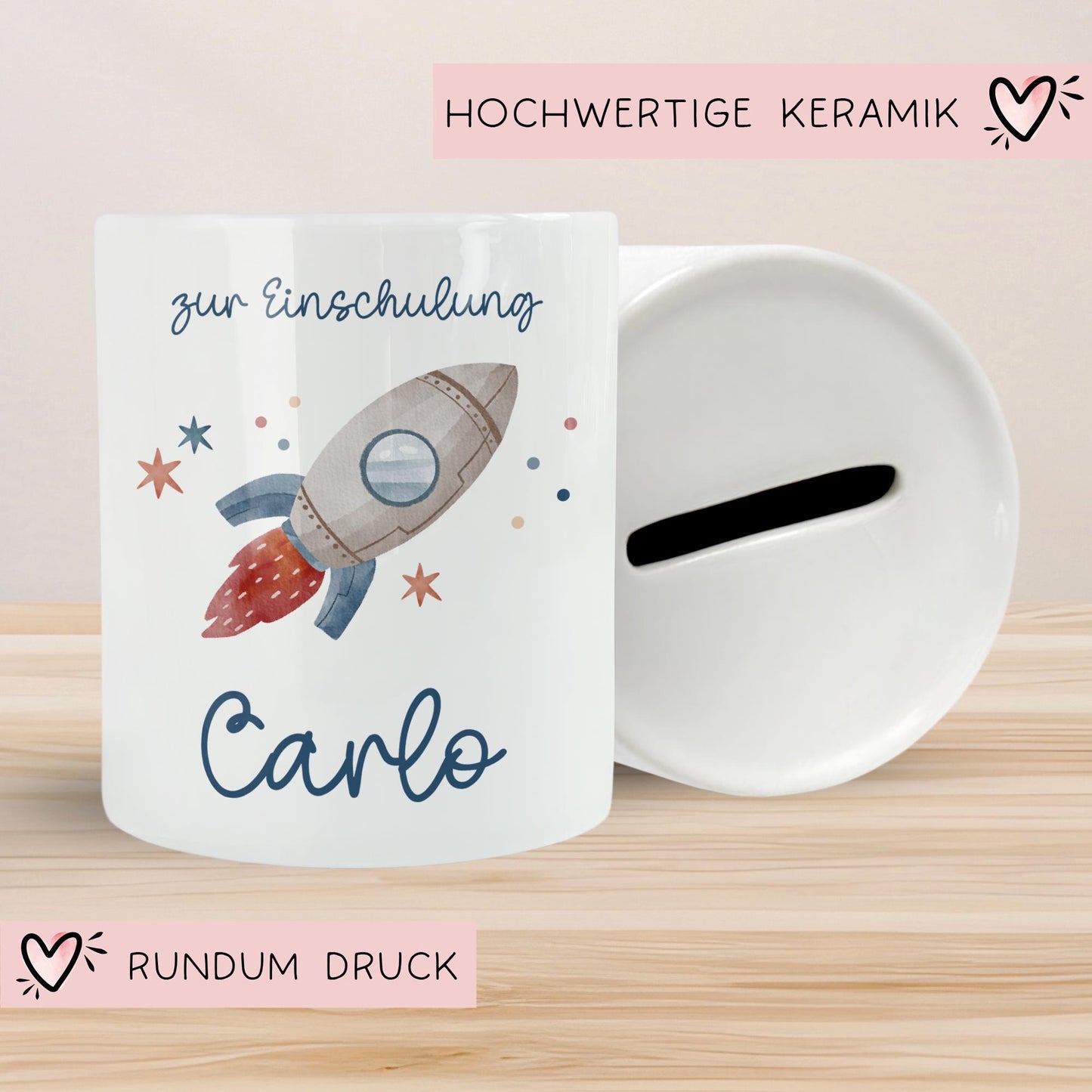 Einschulung Spardose Rakete für Kinder - Personalisiert Rakete Weltraum und Namen - Geschenk für Junge & Mädchen zur Einschulung Schule kleinebuchstaben