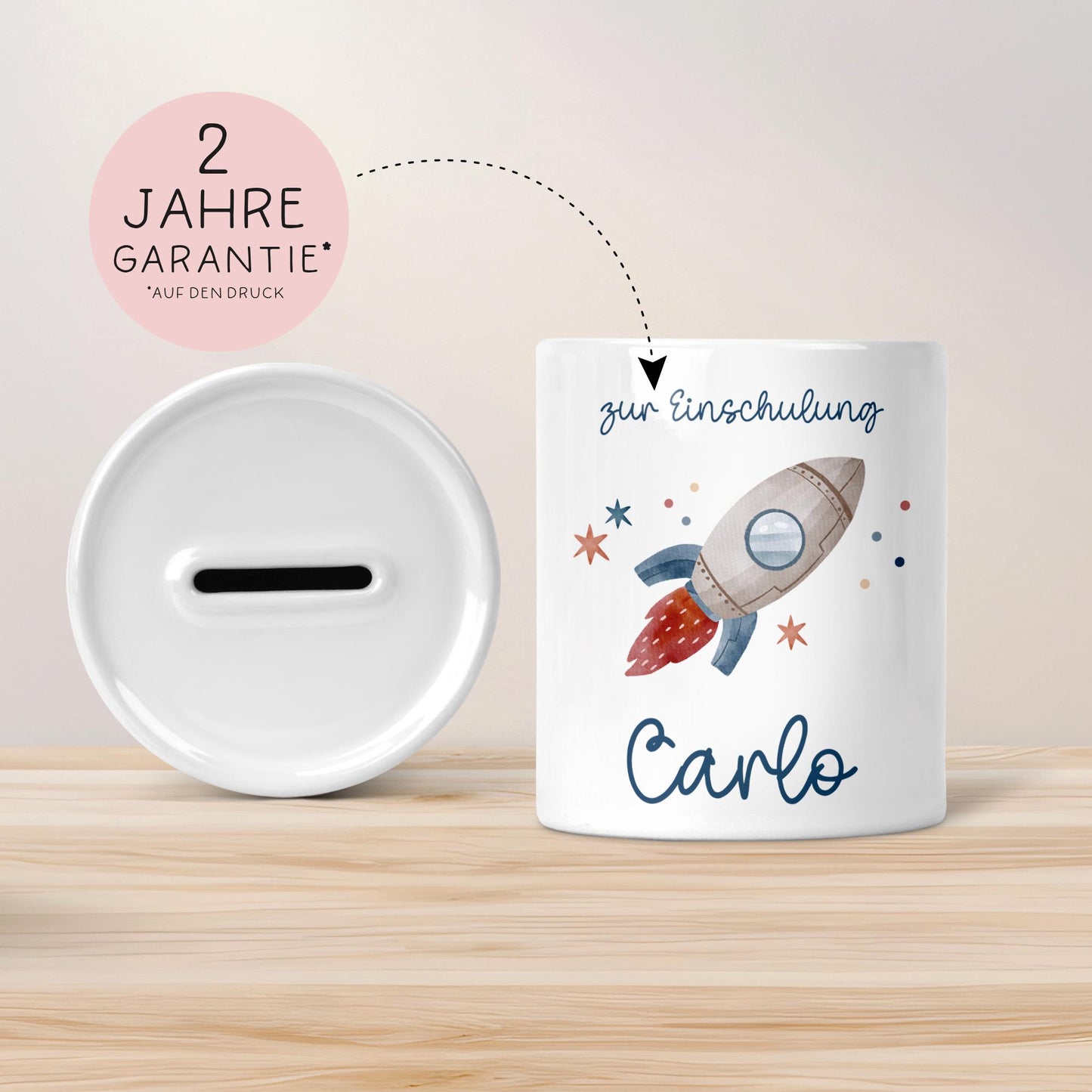 Einschulung Spardose Rakete für Kinder - Personalisiert Rakete Weltraum und Namen - Geschenk für Junge & Mädchen zur Einschulung Schule kleinebuchstaben