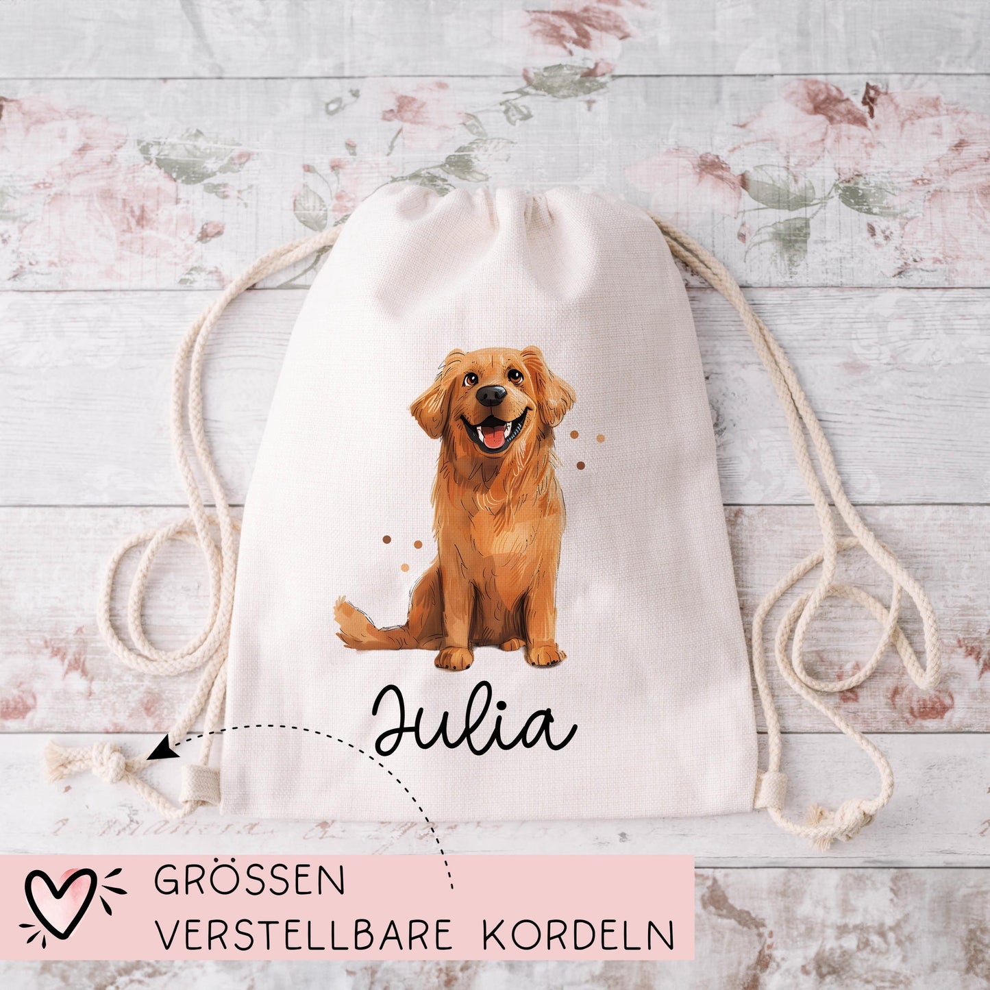 Personalisierter Turnbeutel Hund Golden Retriever Wunschnamen für Schule - Kindergarten, KITA - als Wäschebeutel, Sportbeutel - Weihnachten kleinebuchstaben