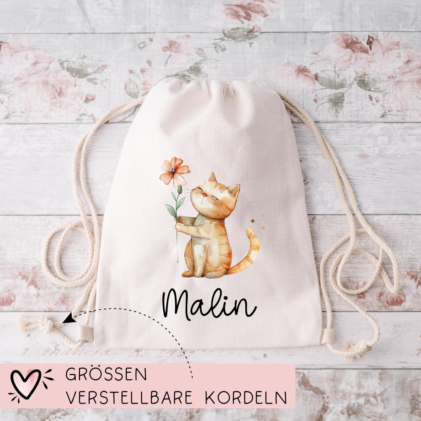 Personalisierter Turnbeutel Katze und Wunschnamen für Schule - Kindergarten, KITA - als Wäschebeutel, Sportbeutel - Weihnachtsgeschenk kleinebuchstaben