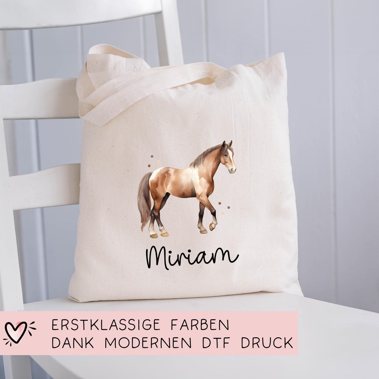 Personalisierte Stofftasche Pferd - Kinder-Beutel Kindertasche mit Namen - Wechselwäsche, Schmutzwäsche Tragetasche - Kita Wechselkleidung kleinebuchstaben