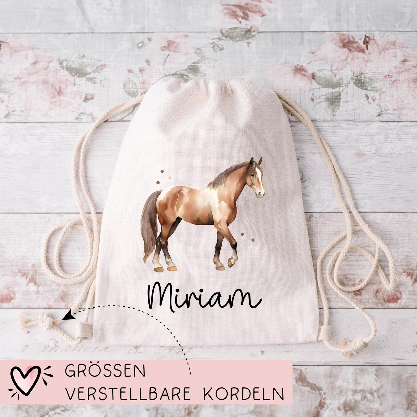 Personalisierte Stofftasche Pferd - Kinder-Beutel Kindertasche mit Namen - Wechselwäsche, Schmutzwäsche Tragetasche - Kita Wechselkleidung kleinebuchstaben