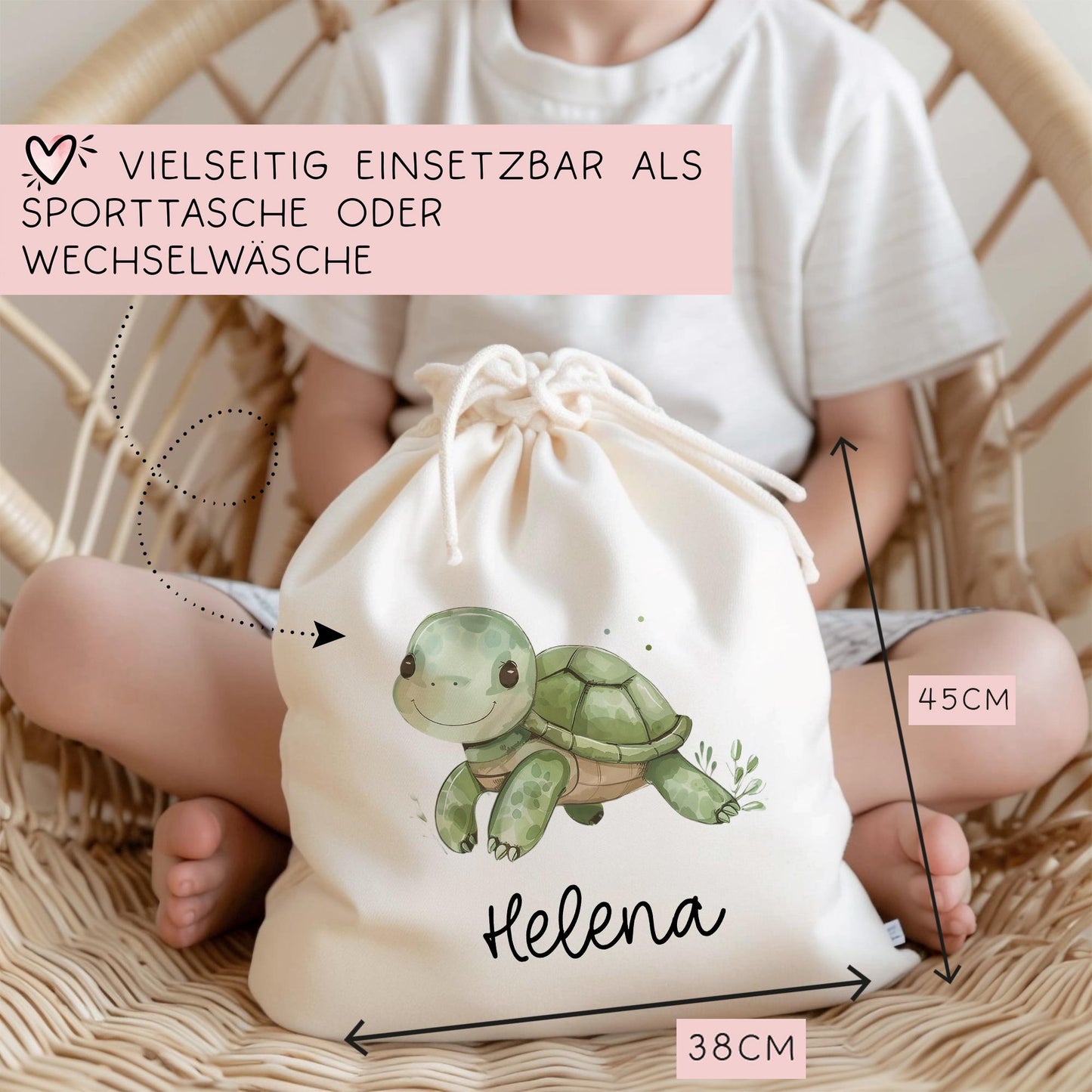 Personalisierte Stofftasche Schildkröte - Kinder Beutel Kindertasche mit Namen - Wechselwäsche, Schmutzwäsche Tragetasche - Wechselkleidung kleinebuchstaben