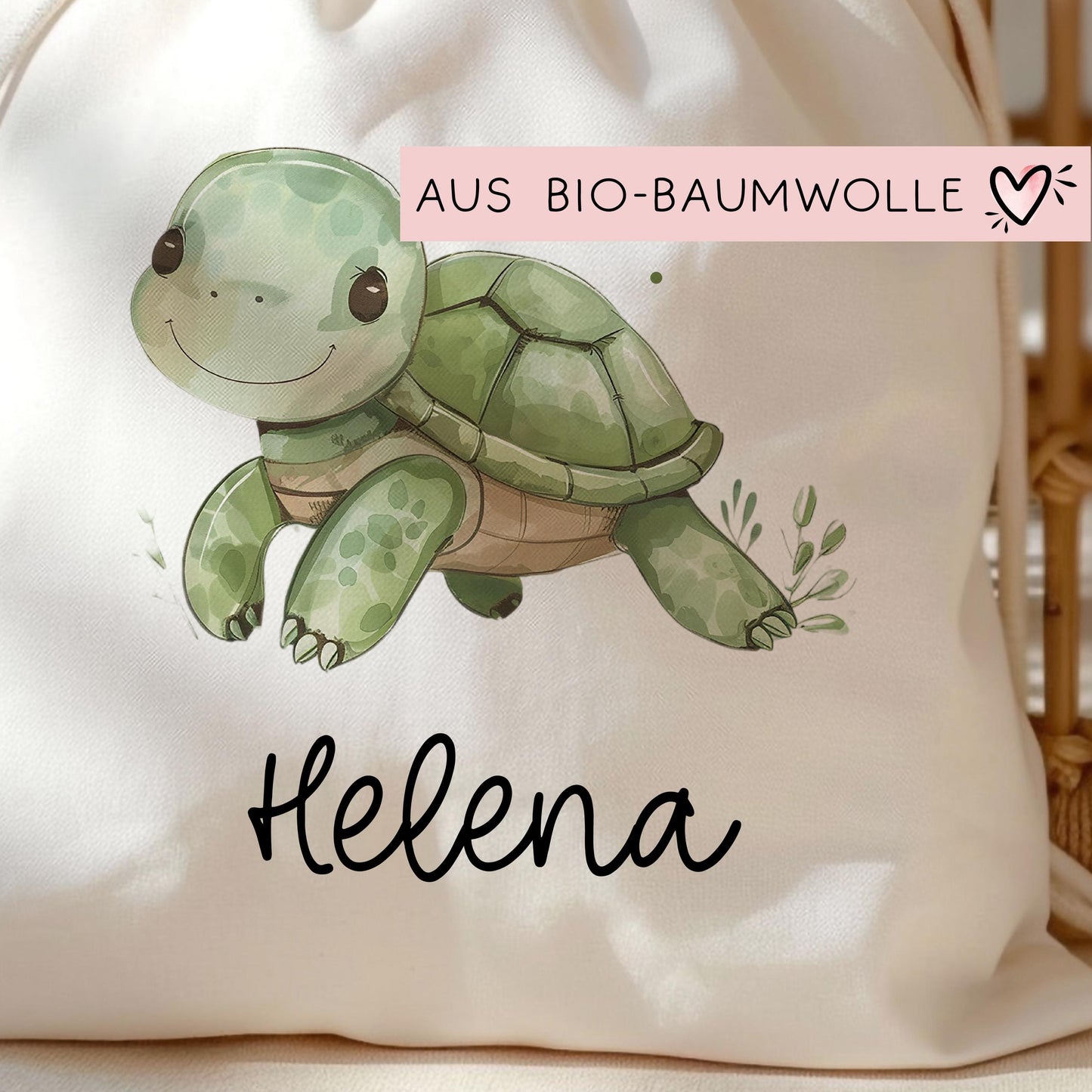 Personalisierte Stofftasche Schildkröte - Kinder Beutel Kindertasche mit Namen - Wechselwäsche, Schmutzwäsche Tragetasche - Wechselkleidung kleinebuchstaben