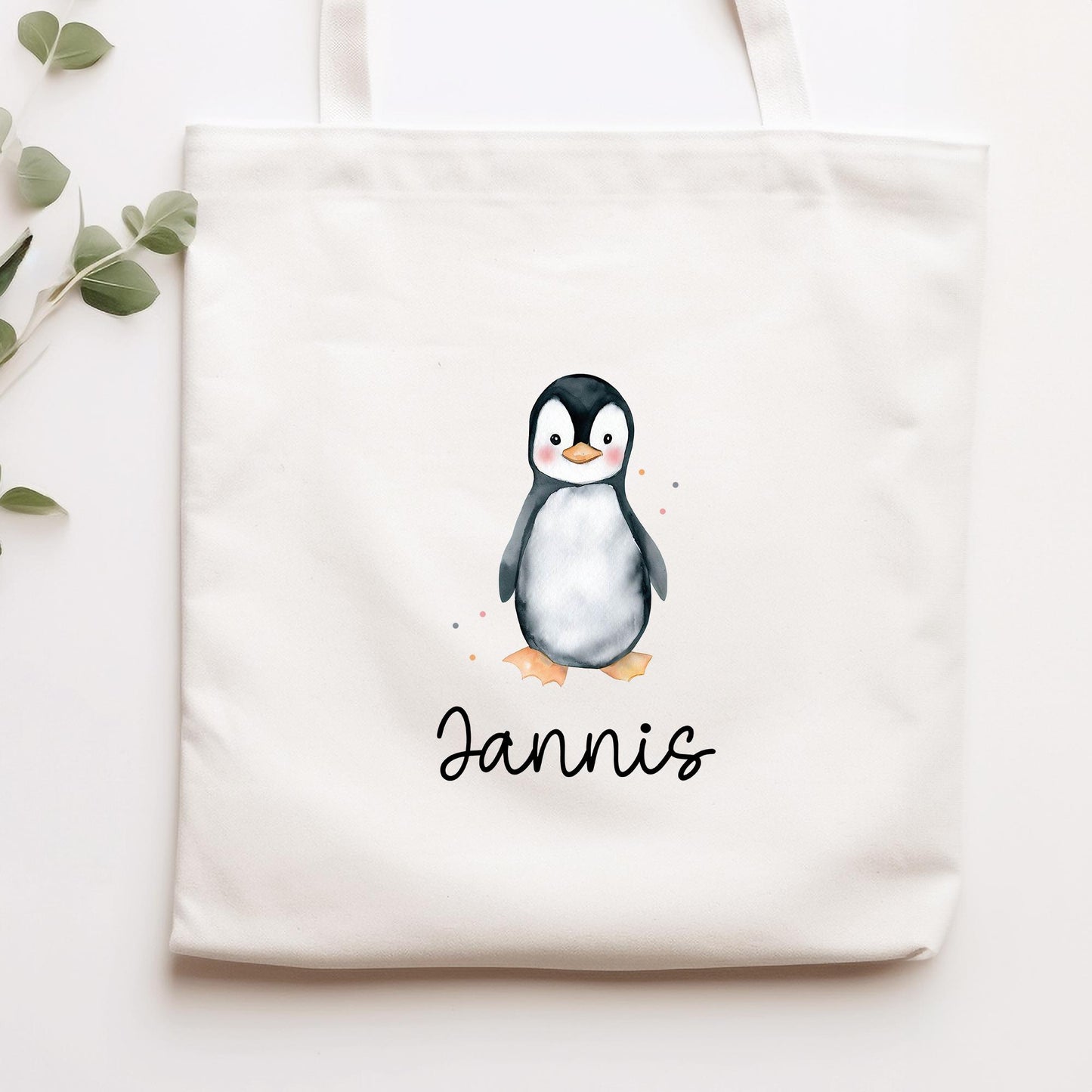 Stofftasche mit Namen Pinguin - Personalisierte Kinder Beutel Kindertasche - Wechselwäsche, Schmutzwäsche Tragetasche - Wechselkleidung kleinebuchstaben
