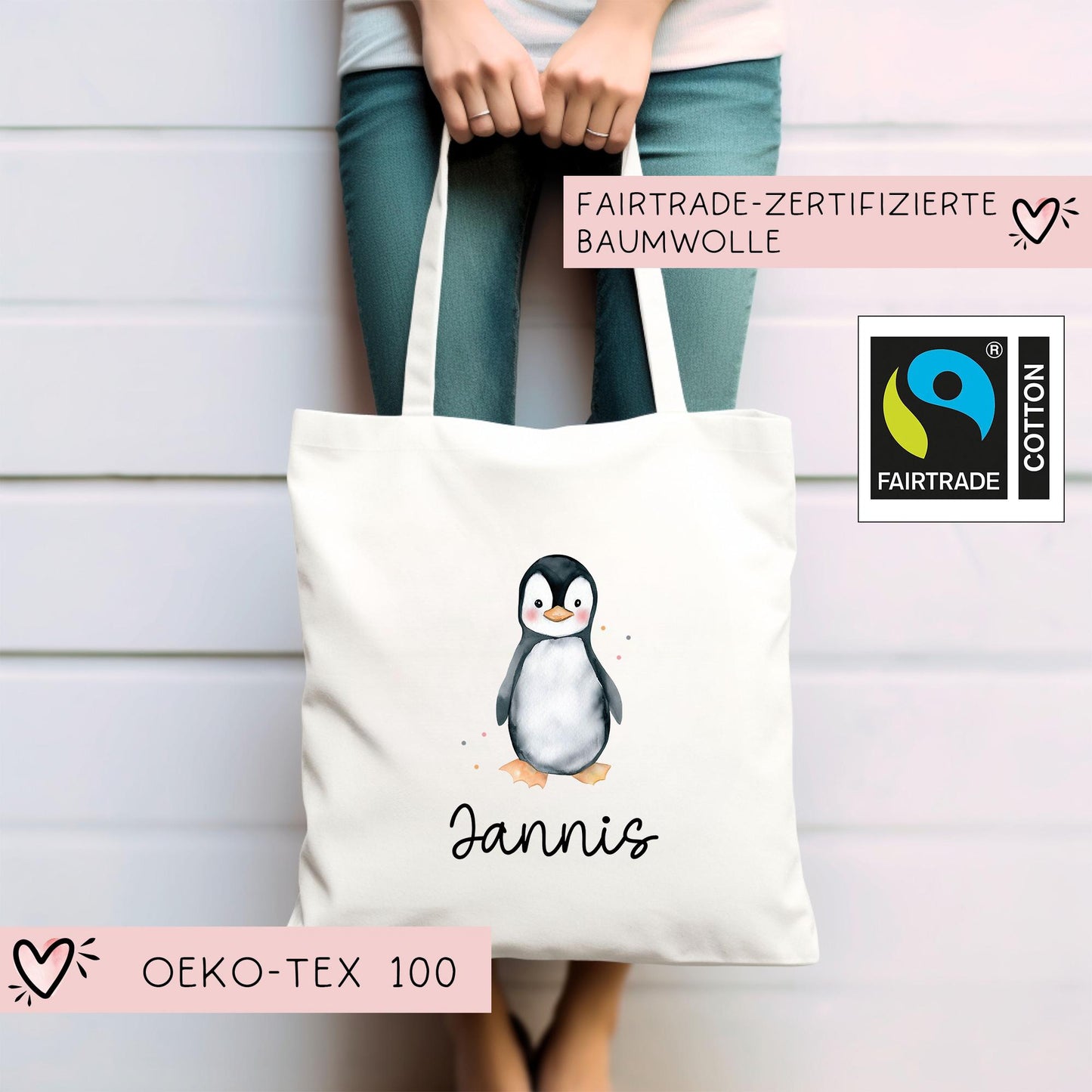 Stofftasche mit Namen Pinguin - Personalisierte Kinder Beutel Kindertasche - Wechselwäsche, Schmutzwäsche Tragetasche - Wechselkleidung kleinebuchstaben