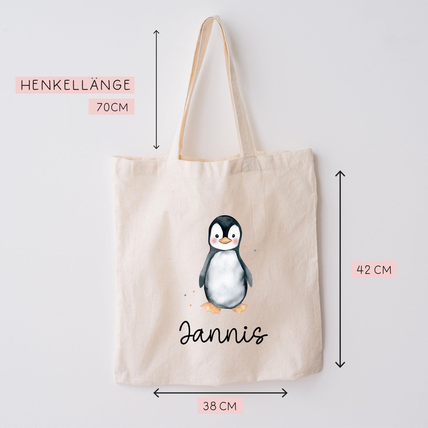 Stofftasche mit Namen Pinguin - Personalisierte Kinder Beutel Kindertasche - Wechselwäsche, Schmutzwäsche Tragetasche - Wechselkleidung kleinebuchstaben