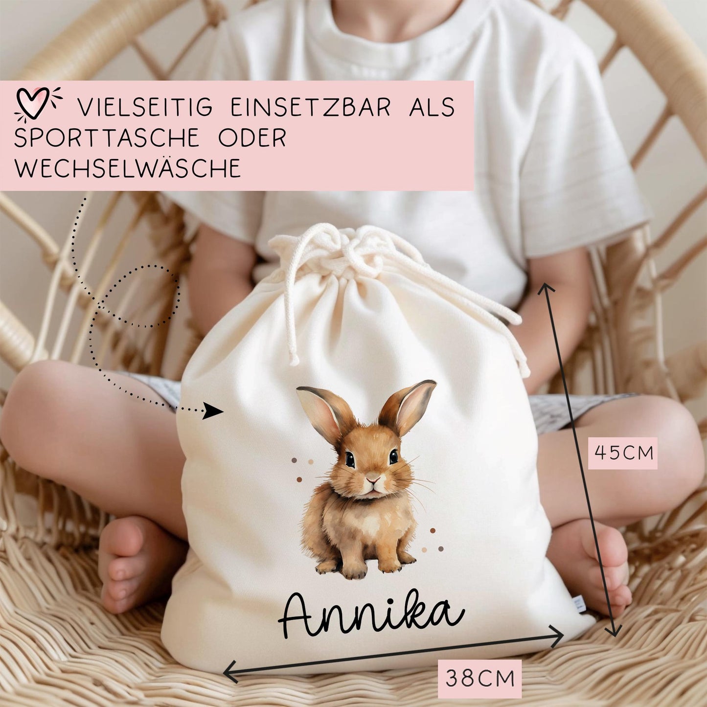 Stofftasche mit Namen Hase Rammler - Personalisierte Kinder Beutel Kindertasche - Wechselwäsche, Schmutzwäsche Tragetasche - Wechselkleidung kleinebuchstaben