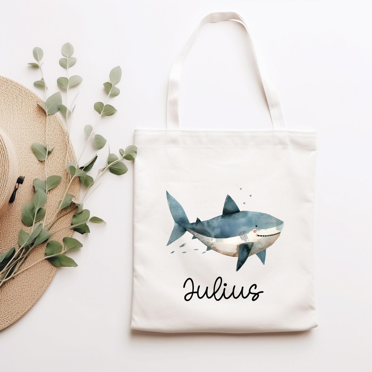 Stofftasche Beutel mit Namen Hai - Personalisierte Kinder Beutel Kindertasche - Wechselwäsche, Schmutzwäsche Tragetasche - Wechselkleidung kleinebuchstaben