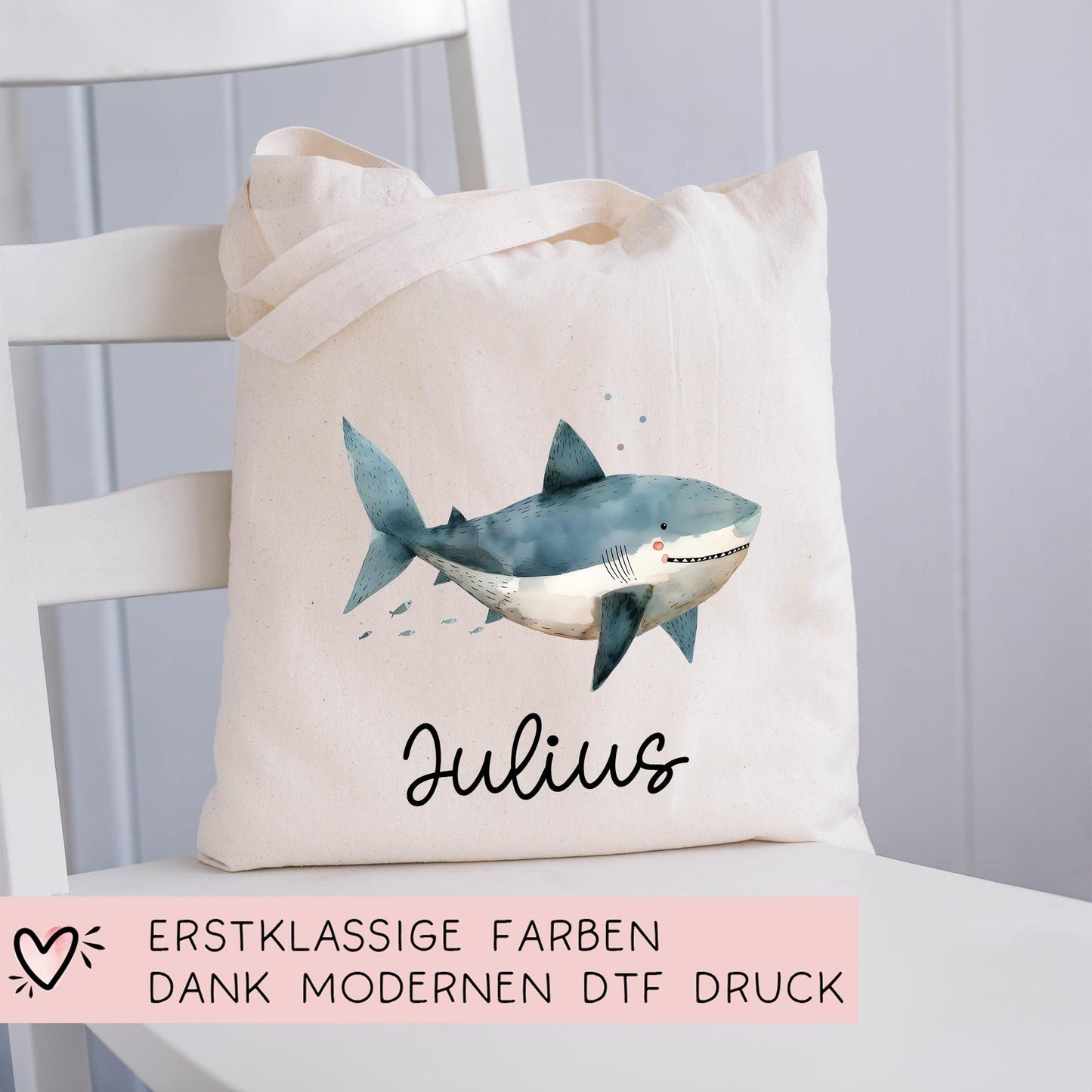 Stofftasche Beutel mit Namen Hai - Personalisierte Kinder Beutel Kindertasche - Wechselwäsche, Schmutzwäsche Tragetasche - Wechselkleidung kleinebuchstaben