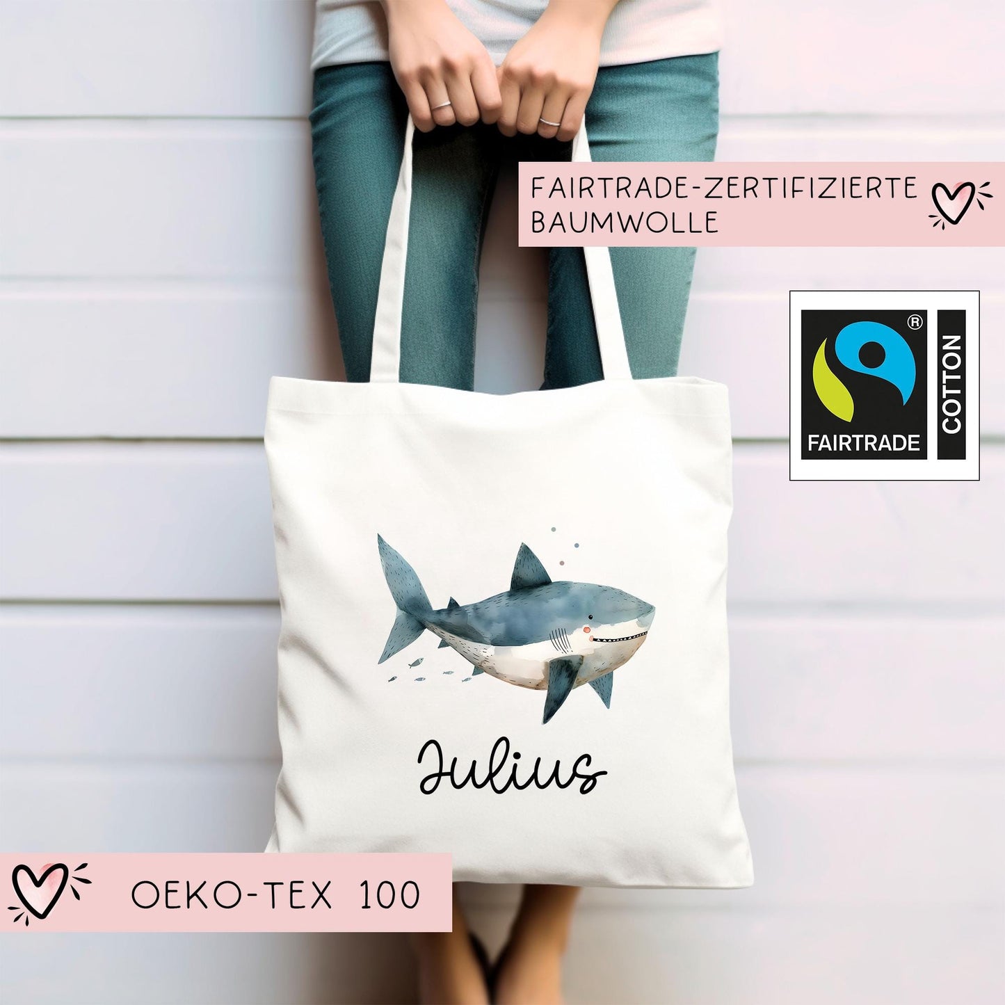 Stofftasche Beutel mit Namen Hai - Personalisierte Kinder Beutel Kindertasche - Wechselwäsche, Schmutzwäsche Tragetasche - Wechselkleidung kleinebuchstaben