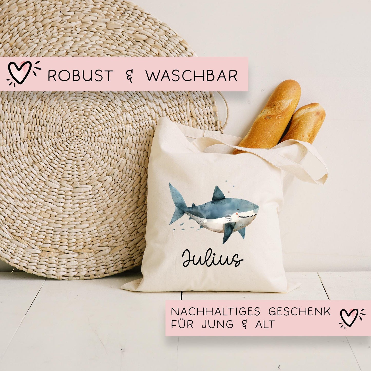 Stofftasche Beutel mit Namen Hai - Personalisierte Kinder Beutel Kindertasche - Wechselwäsche, Schmutzwäsche Tragetasche - Wechselkleidung kleinebuchstaben