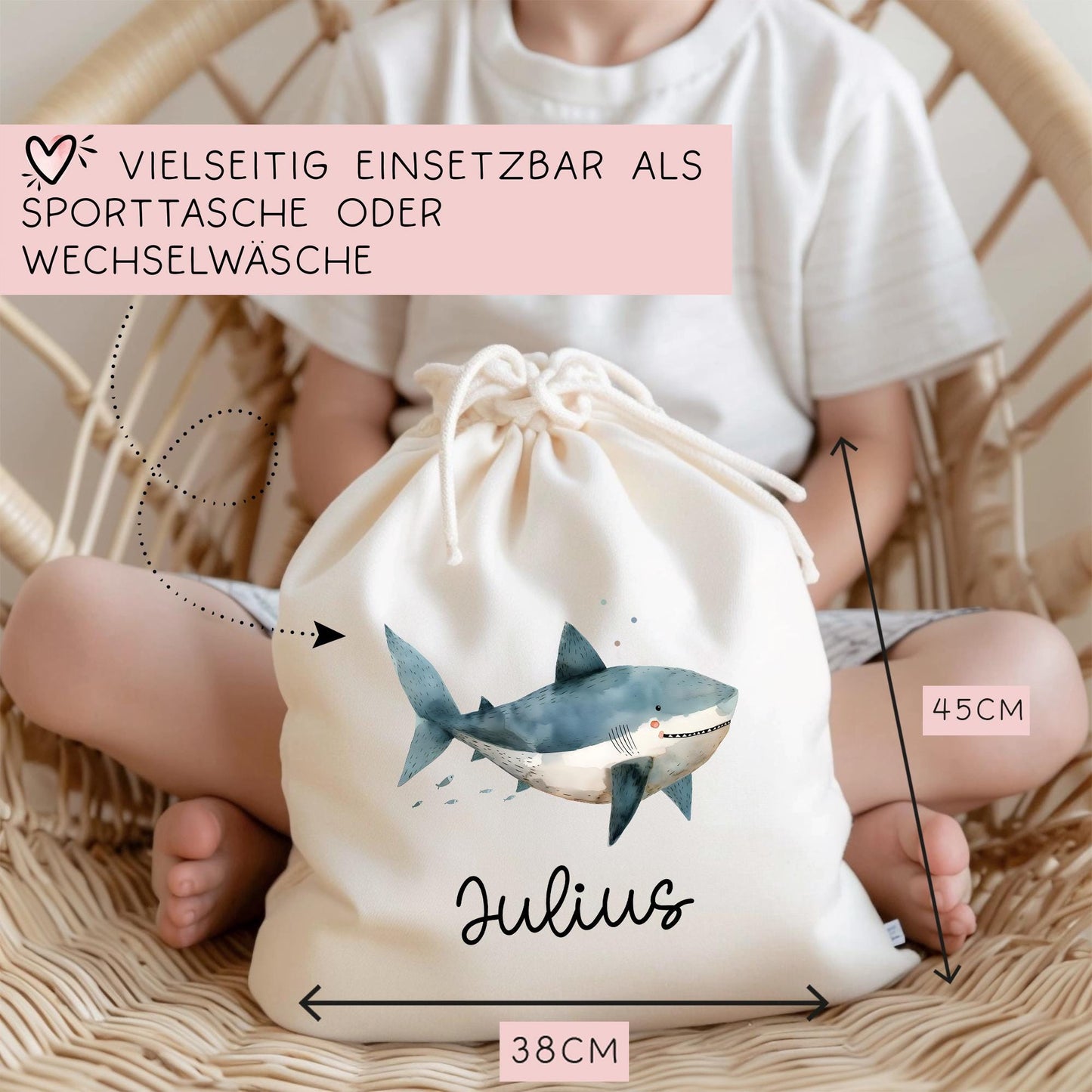 Stofftasche Beutel mit Namen Hai - Personalisierte Kinder Beutel Kindertasche - Wechselwäsche, Schmutzwäsche Tragetasche - Wechselkleidung kleinebuchstaben