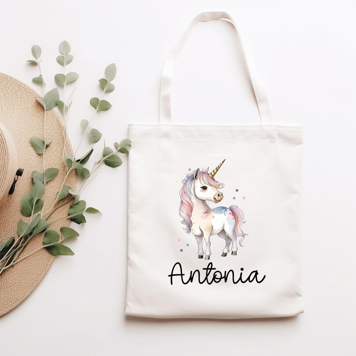 Stofftasche Beutel Namen Einhorn - Personalisierte Kinder Beutel Kindertasche - Wechselwäsche, Schmutzwäsche Tragetasche - Wechselkleidung kleinebuchstaben Einhorn 2 Schriftart 1