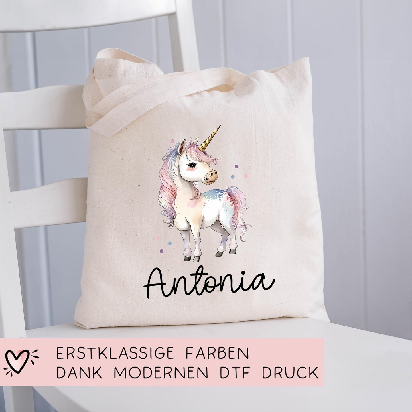 Stofftasche Beutel Namen Einhorn - Personalisierte Kinder Beutel Kindertasche - Wechselwäsche, Schmutzwäsche Tragetasche - Wechselkleidung kleinebuchstaben