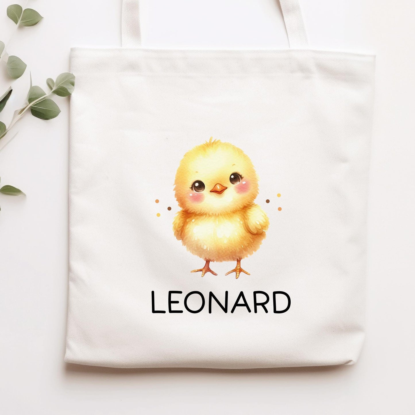 Personalisierte Stofftasche Küken Name - Kinder Beutel Kindertasche mit Wunschname - Wechselwäsche, Schmutzwäsche Tasche - Wechselkleidung kleinebuchstaben Stofftasche Schriftart 1