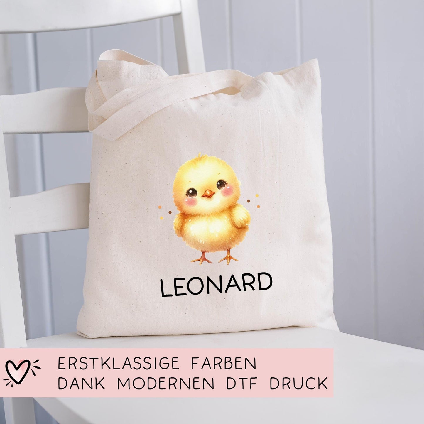 Personalisierte Stofftasche Küken Name - Kinder Beutel Kindertasche mit Wunschname - Wechselwäsche, Schmutzwäsche Tasche - Wechselkleidung kleinebuchstaben