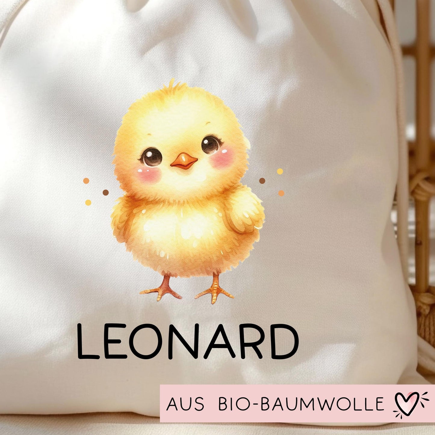 Personalisierte Stofftasche Küken Name - Kinder Beutel Kindertasche mit Wunschname - Wechselwäsche, Schmutzwäsche Tasche - Wechselkleidung kleinebuchstaben