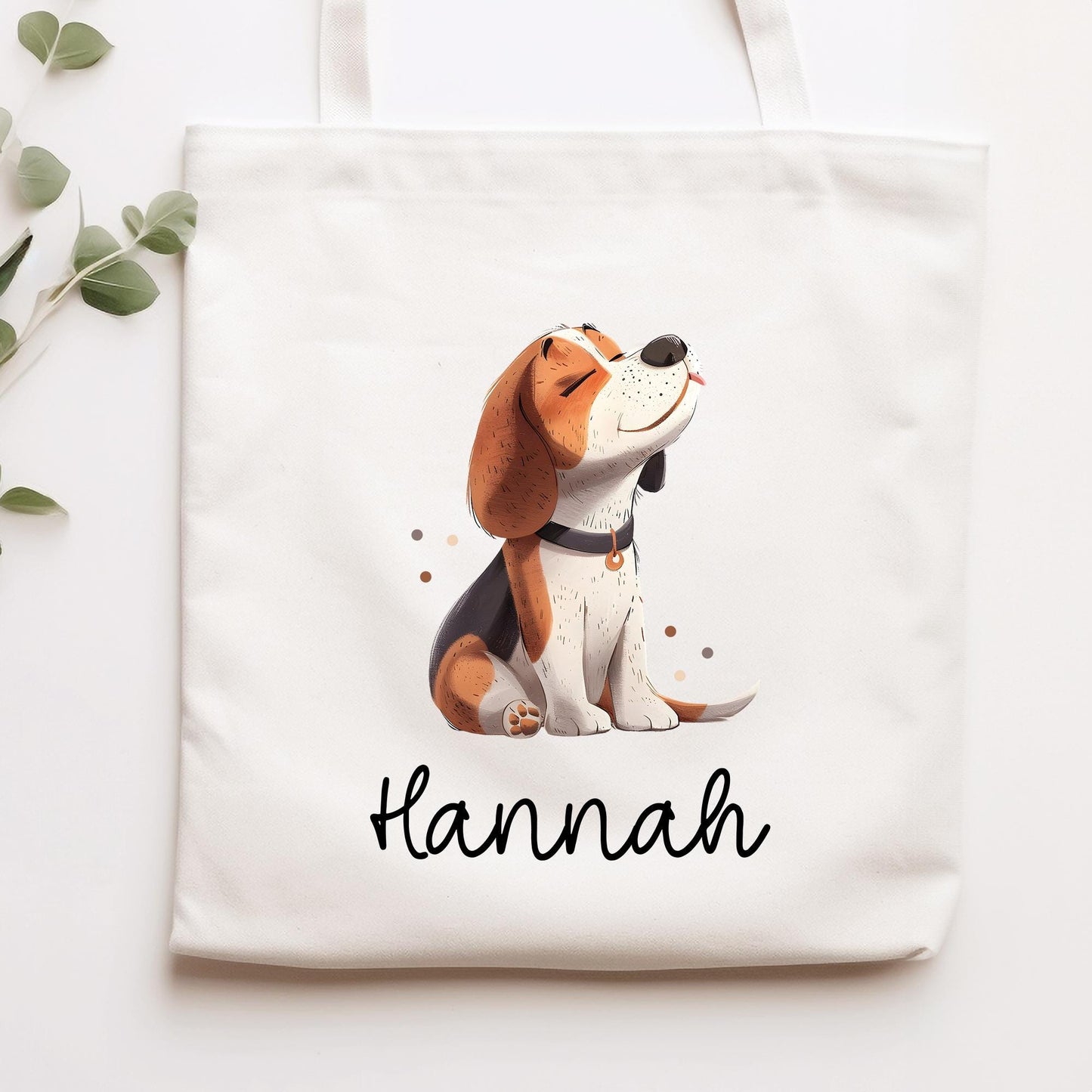 Personalisierte Stofftasche Beagle Hund Name - Kinder Beutel Kindertasche mit Wunschname - Wechselwäsche, Schmutzwäsche - Wechselkleidung kleinebuchstaben Stofftasche Schriftart 1