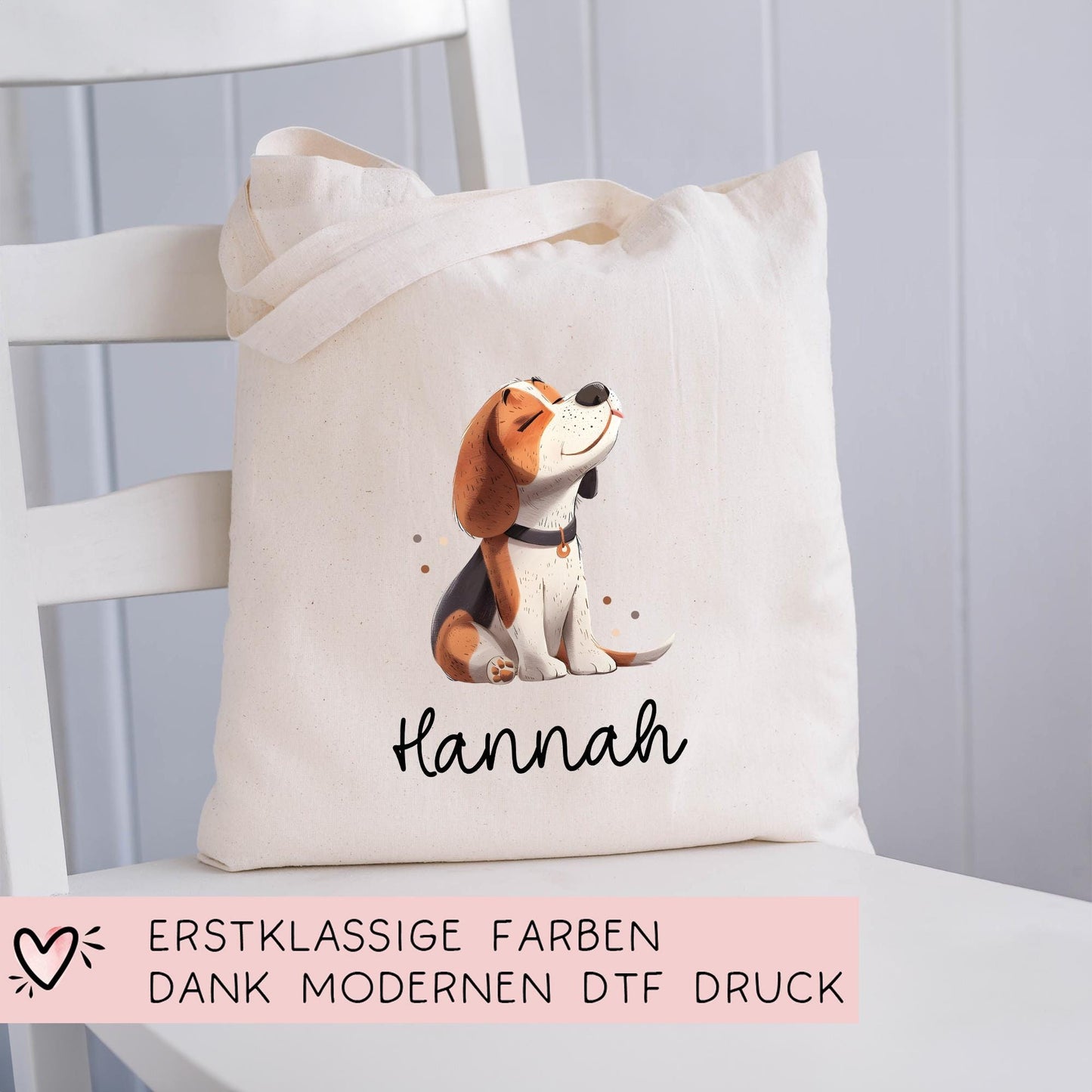 Personalisierte Stofftasche Beagle Hund Name - Kinder Beutel Kindertasche mit Wunschname - Wechselwäsche, Schmutzwäsche - Wechselkleidung kleinebuchstaben