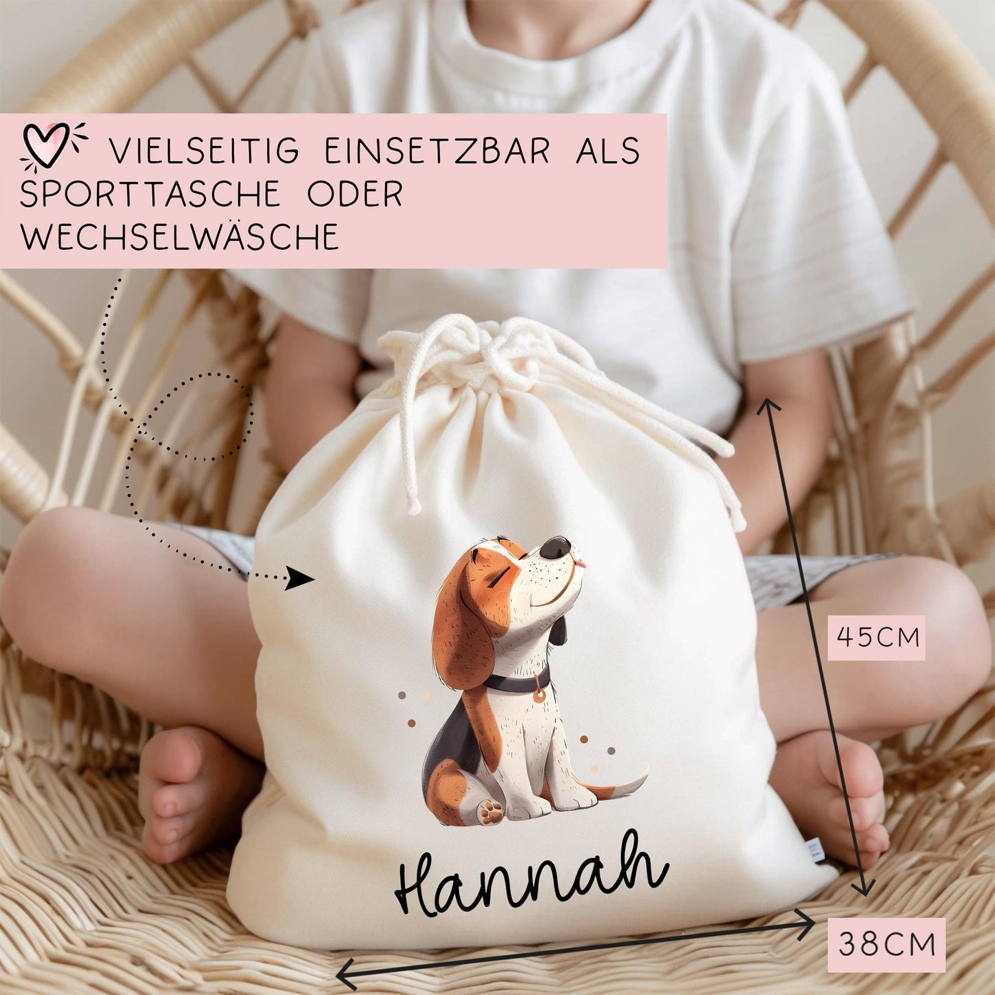 Personalisierte Stofftasche Beagle Hund Name - Kinder Beutel Kindertasche mit Wunschname - Wechselwäsche, Schmutzwäsche - Wechselkleidung kleinebuchstaben
